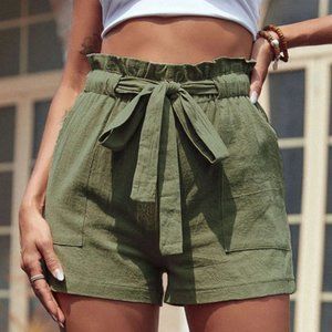 Green Paper Bag Waist Shorts